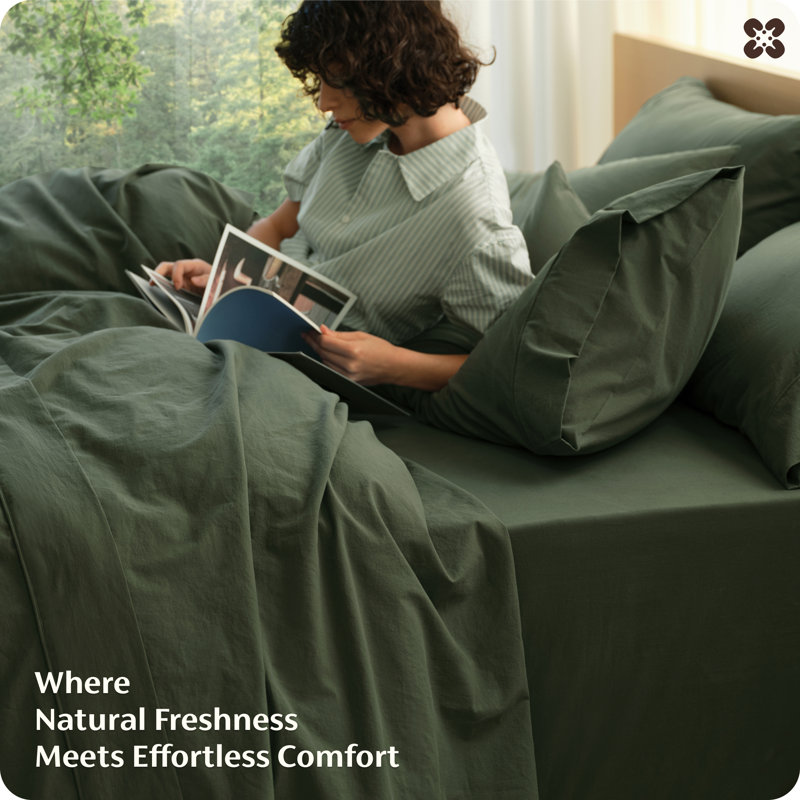 Bedsure 100% Washed Cotton Sheets - Linen Like Textured Percale Sheets King Size, 6-Piece Bedsheet Set With 18" Deep Pocket, Breathable & Purewoven Soft Comfy (Olive Green, King)