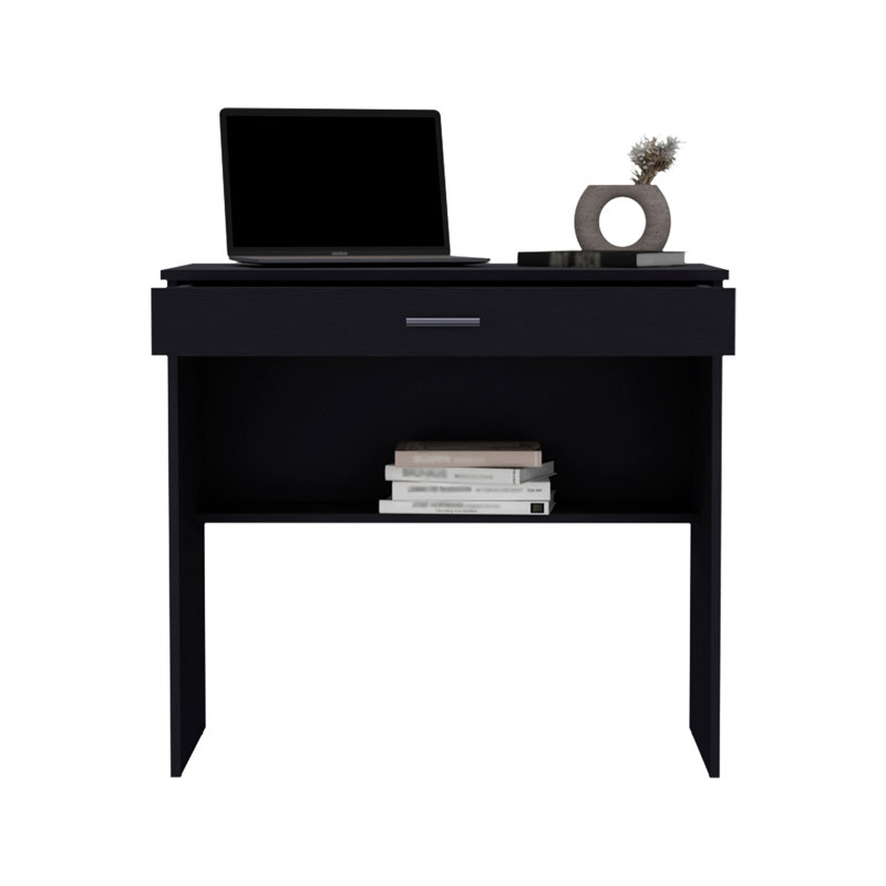 80 C Writting Desk, Compact Workstation with Drawer and Lower Shelf, Black