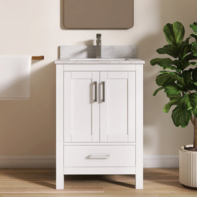 Aura 24'' Fully Assembled Single Bathroom Vanity With Solid Surface White Granite Top and Backsplash