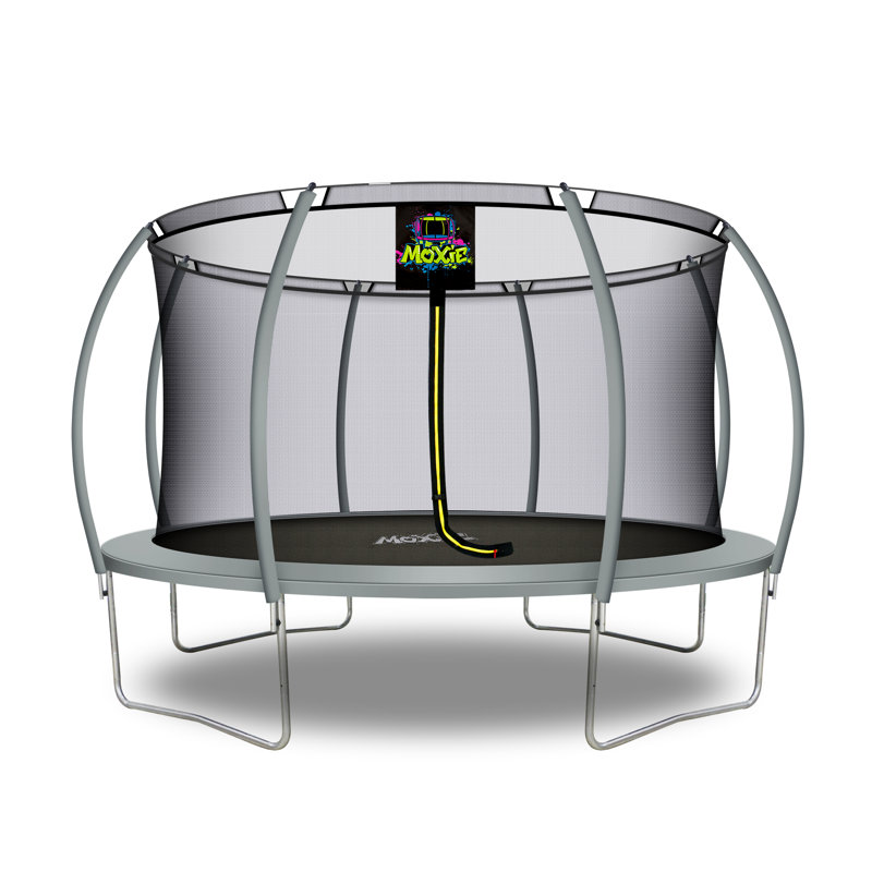 Machrus Moxie Pumpkin-Shaped Outdoor Trampoline Set with Top-Ring Frame Safety Enclosure, 14 FT, Gray