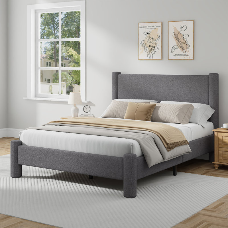 Lit plateforme tapissier Boucle, Gris foncé, Lit double