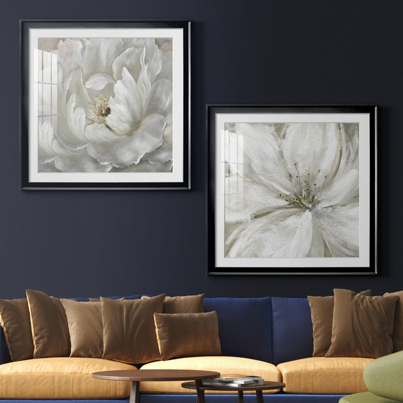Pivoine parfaite - ensemble de 2 cadres photo sur papier, H 26,5 po x l 53 po x P 1,5 po, Papier encadré noir, Blanc