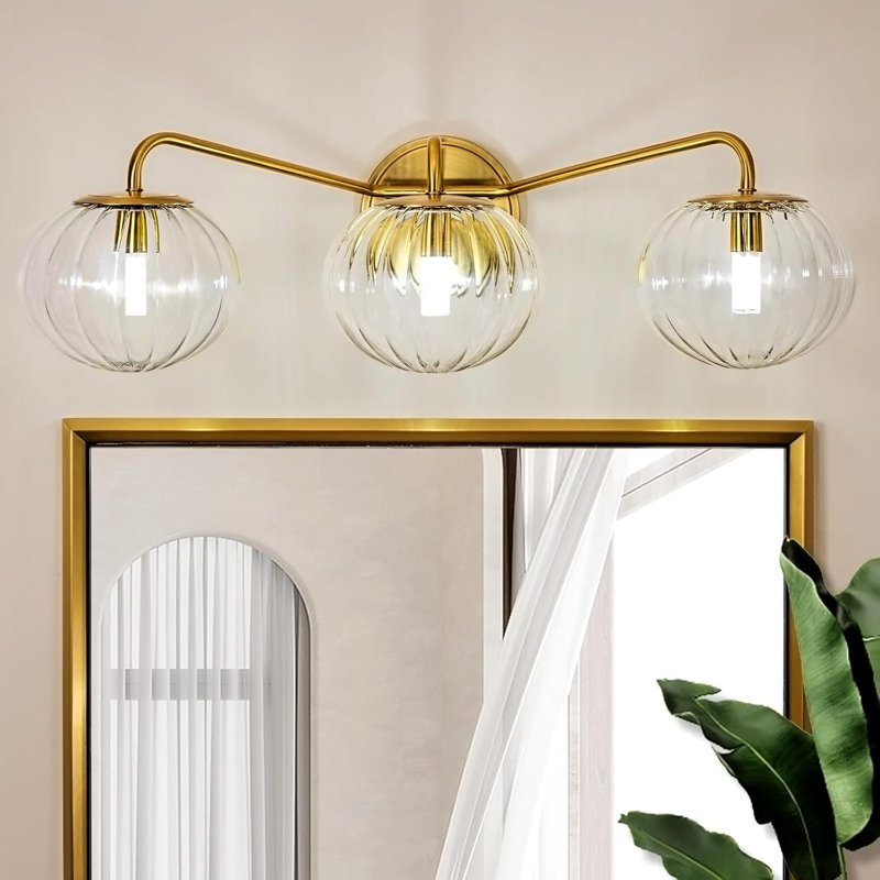 Contemporary Bathroom Vanity Light Fixture with Ribbed Clear Glass Globe Shades, 3 Lights, Brushed Gold