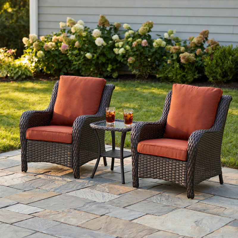 Ensemble de patio 3 pièces avec table basse et 2 chaises avec accoudoirs rembourrés pour l'extérieur, Rouge, Brun