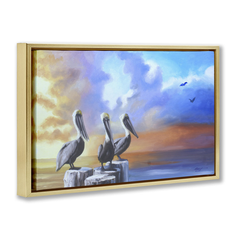 «Vivid Pelican Trio» par D. Rust, Cadre flottant métallique doré, H 21 po x l 31 po