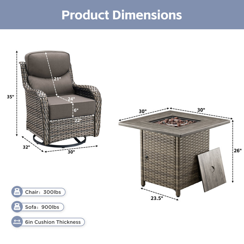 Ensemble de conversation de chaises berçantes pivotantes pour jardin extérieur avec table de foyer en osier, Gris, Gris