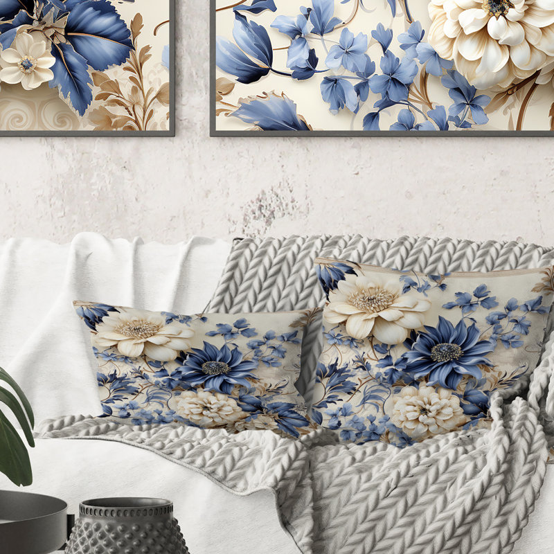 Victorien fleurs bleues et blanches damassées - Abstrait corail multicolore azur - coussin, H 18 po x l 18 po