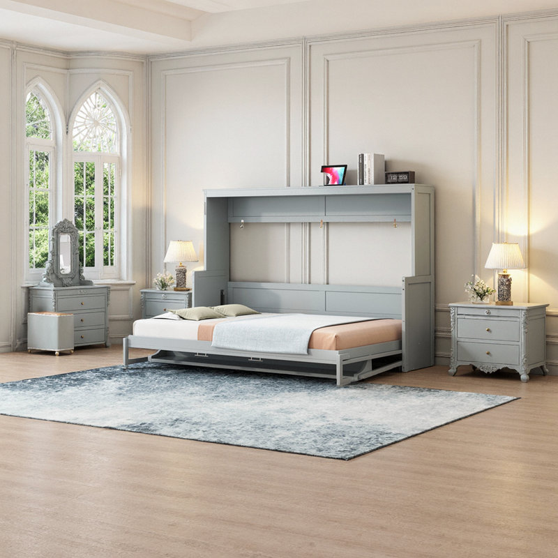 Grand lit escamotable mural avec bureau intégré, Gris