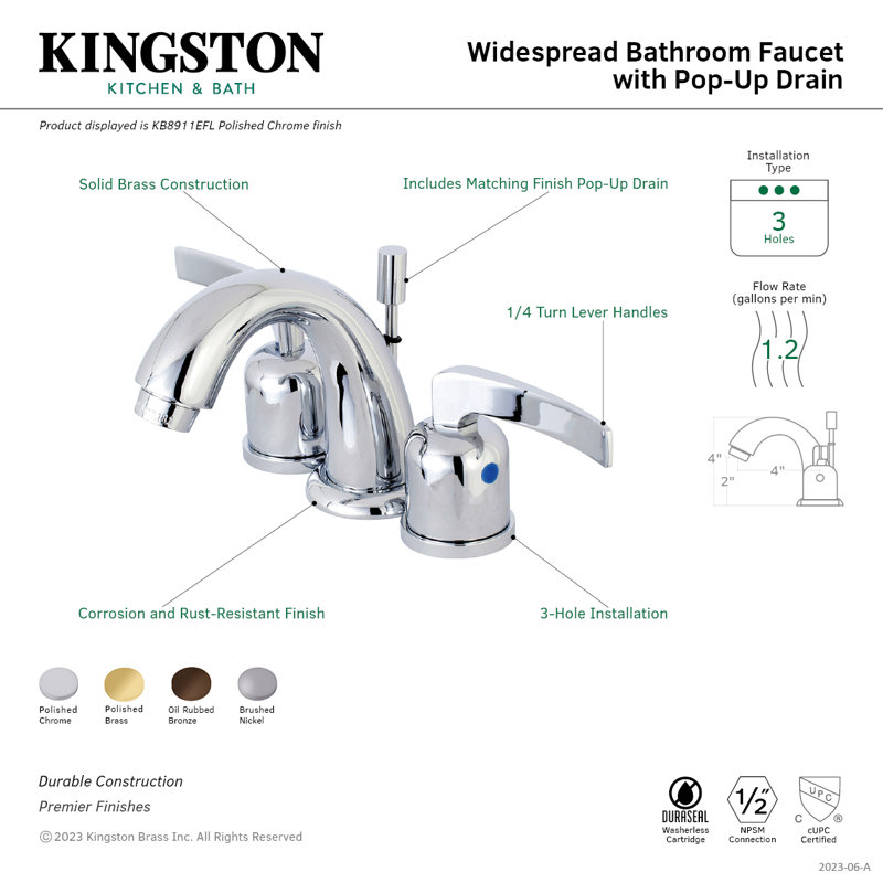 Kingston Brass Centurion Two-Handle 3-Hole Deck Mount Widespread Bathroom Faucet with Retail Pop-Up Drain, Polished Chrome