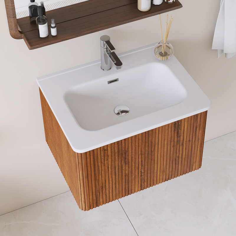 Meuble-lavabo simple mural 24 po avec comptoir intégré en céramique blanche, Brun, 24""