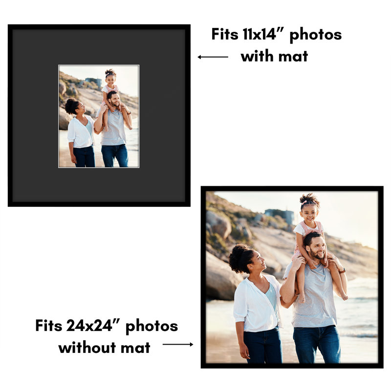  24x24 Picture Frame - Use as 11x14 Frame with Black Mat or 24x24 Frame Without Mat - Thin Photo Frame with Polished Plexiglass - Black
