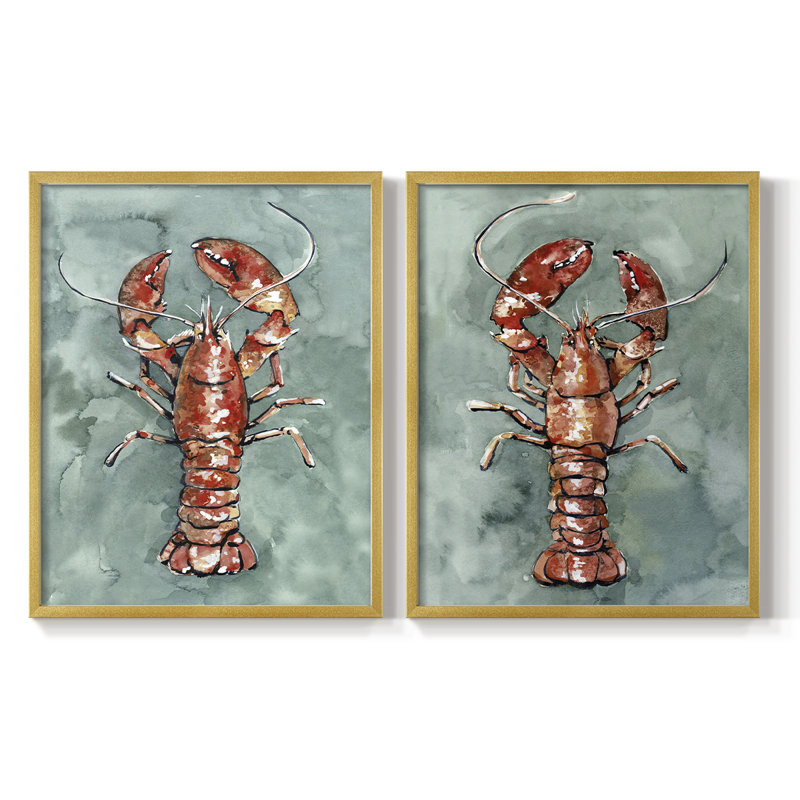 Aquarelle de homard I - impression encadrée de qualité supérieure - prête à être accrochée - aucun clou requis - aucun clou requis