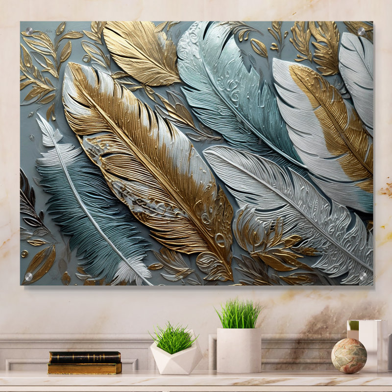 Plumes dorées dorées V - art mural moderne en plumes glamour, H 12 po x l 20 po