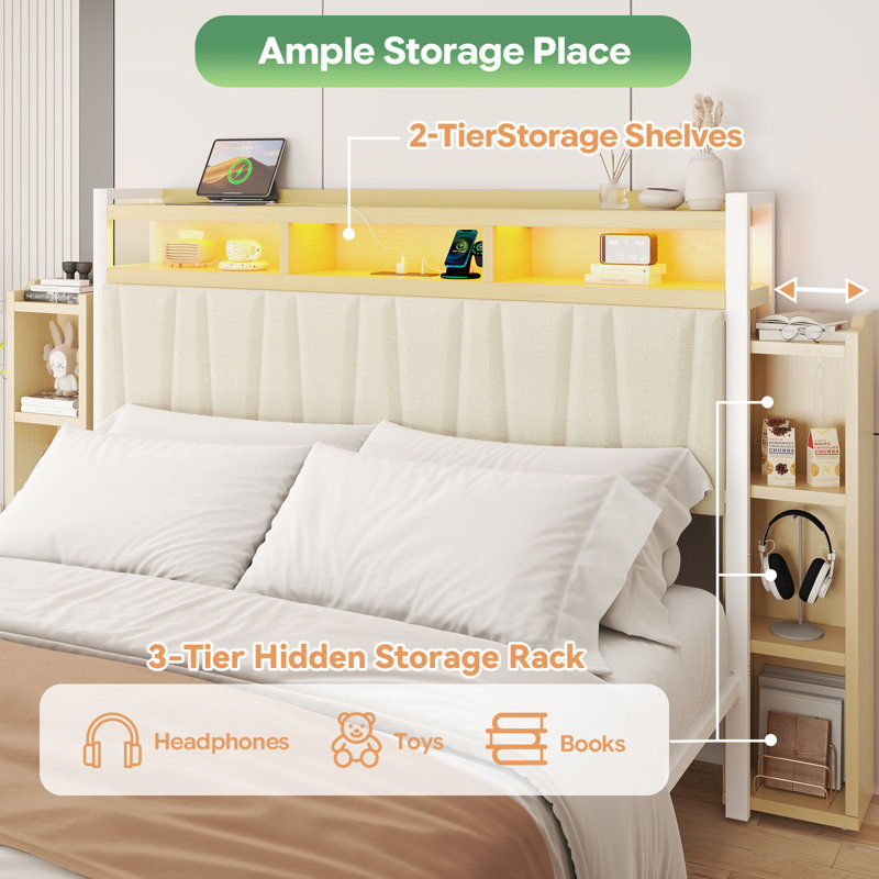 Upholstered King Size Bed Frame With 2 Storage Drawers & 2 Bedside Shelves, Modern Platform Bed With Charging Station & LED Light,Beige