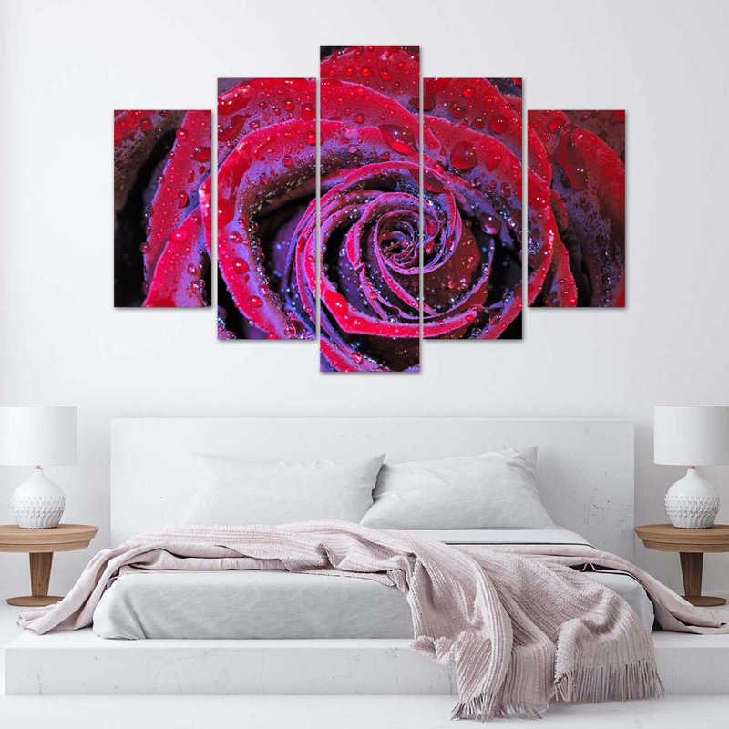 Red Rose Blossom - 5 Piece No Frame Set on Canvas, 100cm H x 200cm W