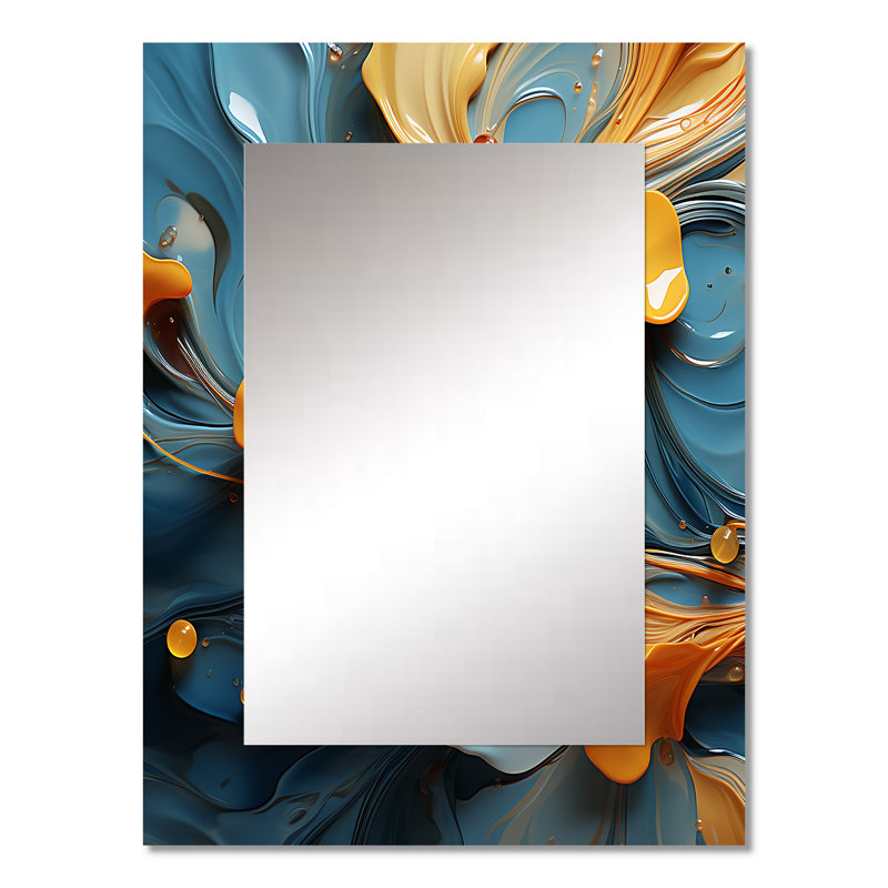 Feuilles orange modernes flottant sur une vague bleue tendre - miroir de formes abstraites, miroir mural décoratif moderne, impression d'art en métal