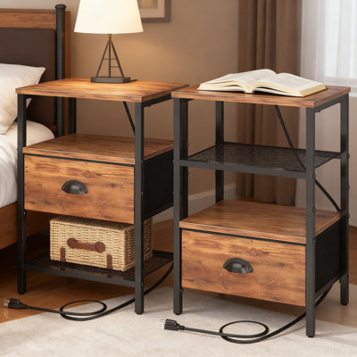 Nightstand Set Of 2 With Charging Station, Fabric Drawer And 2-Tier Storage Shelf, Rustic Brown Bedside Table For Bedroom And Living Room by 17 Stories