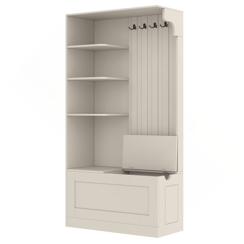 Multifunctional Left-Right Combination Hall Cabinet (Can Be Used Separately) With Storage And 4 Hooks, Storage Cabinet/ Hall Tree 2 In 1 For Living Room, Kitchen And Hallway