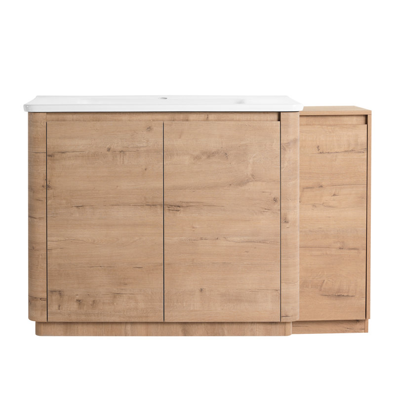 Meuble-lavabo autoportant de 52 po avec lavabo en céramique blanc, 1 petite armoire de rangement, porte à fermeture douce, style chêne imitation, contreplaqué emballé Kd, idéal pour un lavabo lisse et facile à nettoyer