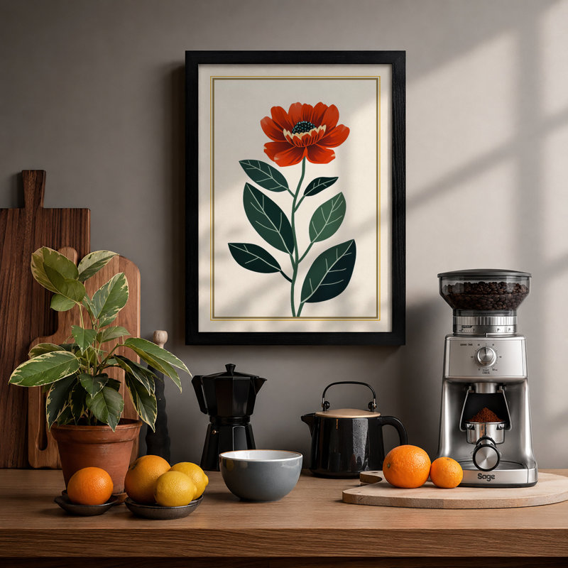 Single Stem in Bloom Botanical - Framed Print, Black, A4 - 29.7 x 21.0 cm