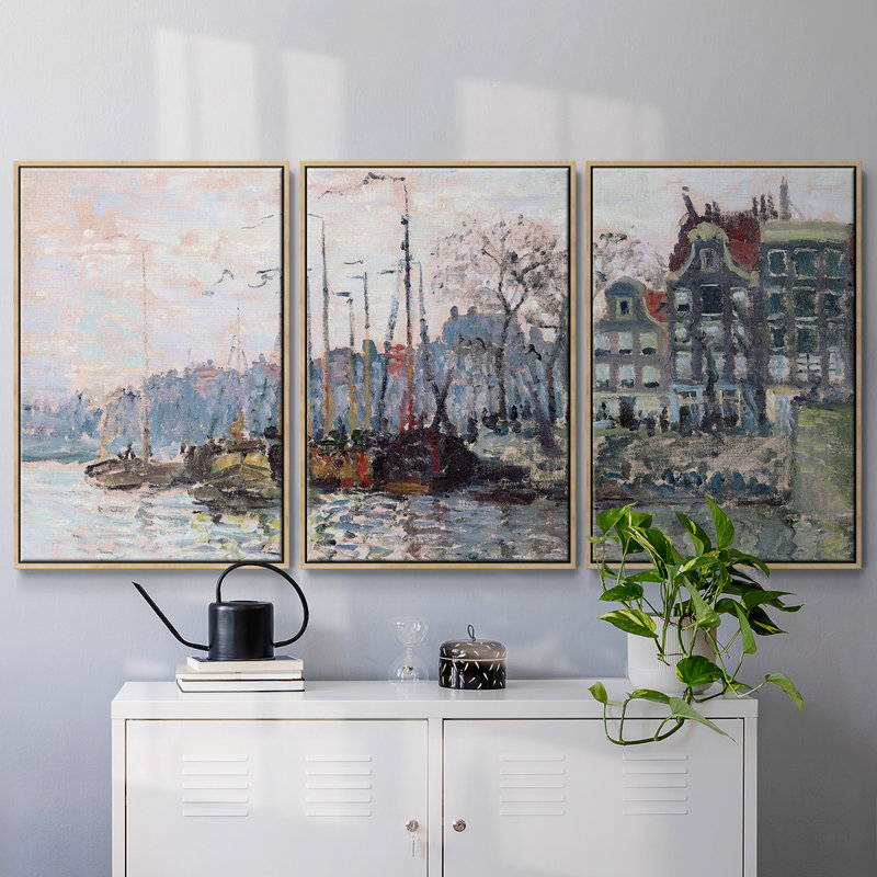 Vue de la Kromme Waal à Amsterdam 3 pièces, H 36 po x l 75 po x P 2 po, Naturel