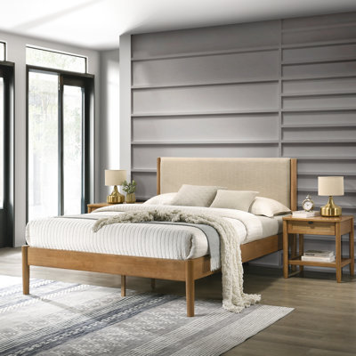 3 Bedroom , Queen Platform Bed And Two Nightstands. Rubberwood, No Box Spring. Beige Upholstered Headboard, Walnut Colorway. Nightstands With Functional Storage Options. Modern Furnishings Ensemble,