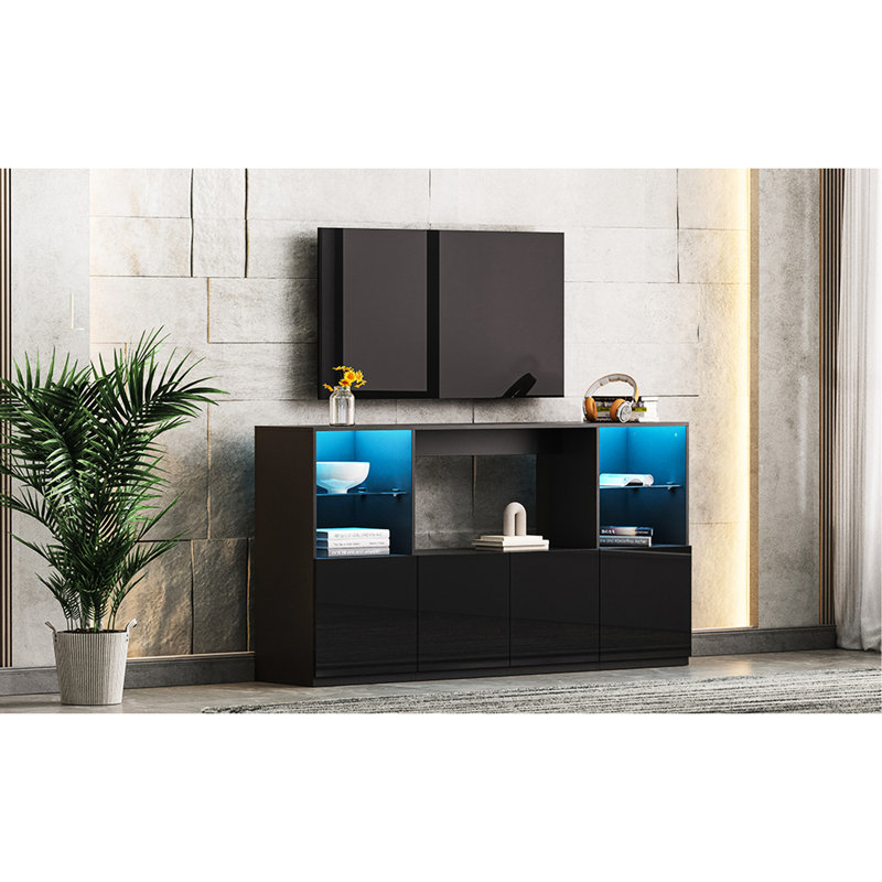 Meuble télé moderne avec lumières DEL et options de rangement abondantes, convient aux téléviseurs de 75 po, noir, l 67,7 po x P 13,7 po