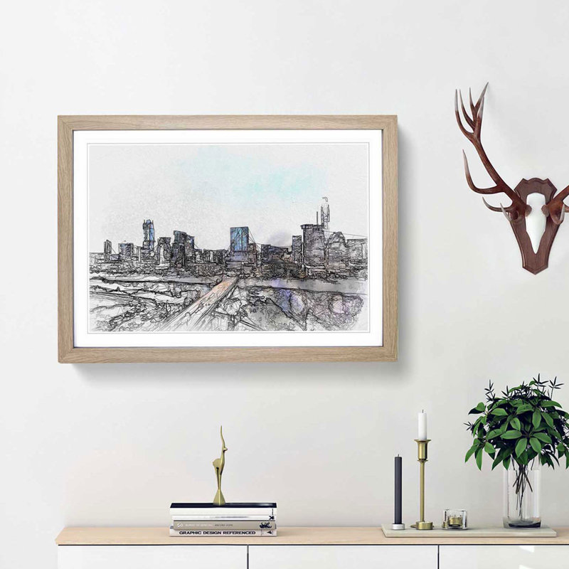 Austin Texas Skyline in Abstract - Picture Frame Graphic Art Print, 27cm H x 36cm W x 2cm D, Oak Framed