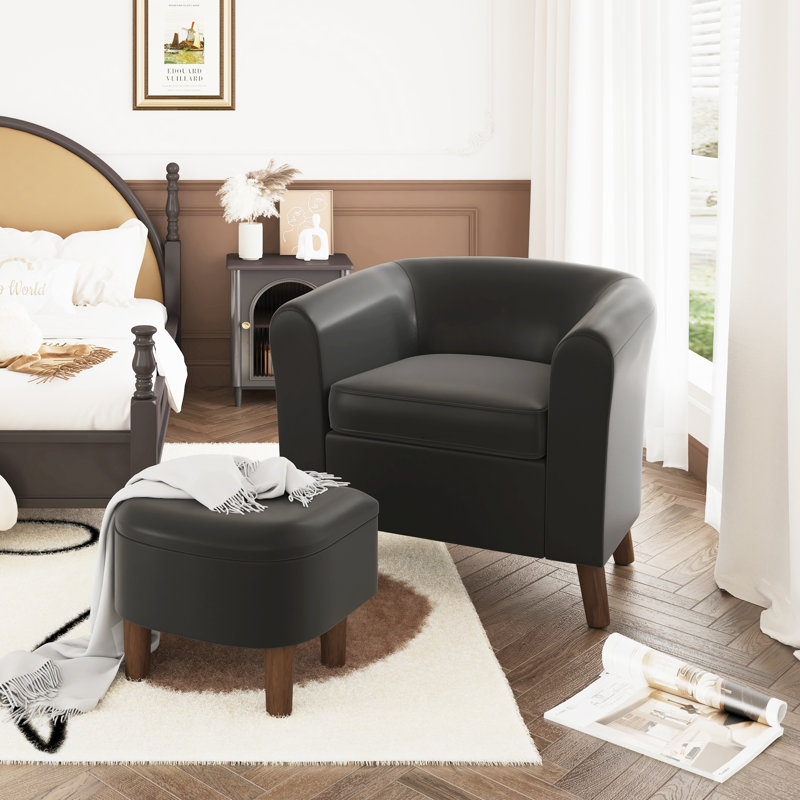 Chaise d'appoint rembourrée avec repose-pieds tonneau, Similicuir noir