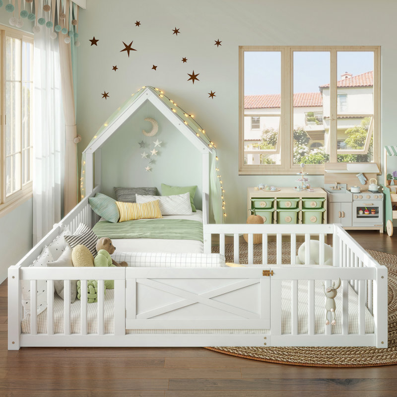 Lit maison, lit double avec porte et garde-corps pleine longueur, conception multifonctionnelle, Lit simple, Blanc