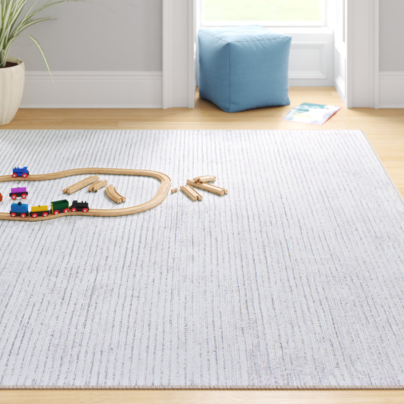 Tapis ivoire / gris à rayures tissées à plat lavable à la machine Cinderford, Rectangle 5 pi x 7 pi