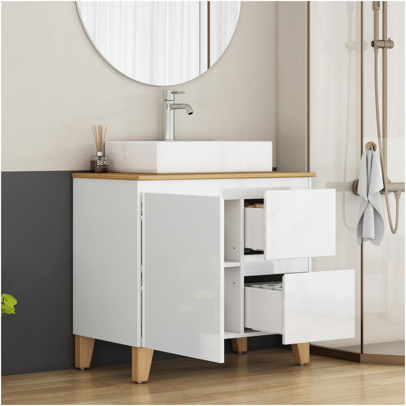 Ensemble de meuble-lavabo moderne de 31,5 po avec lavabo combiné, 1 porte et 2 grands tiroirs, système de fermeture en douceur, conception sans poignée, comptoir et pieds en bois massif naturel, lavabo carré en céramique sur le comptoir, blanc brillant