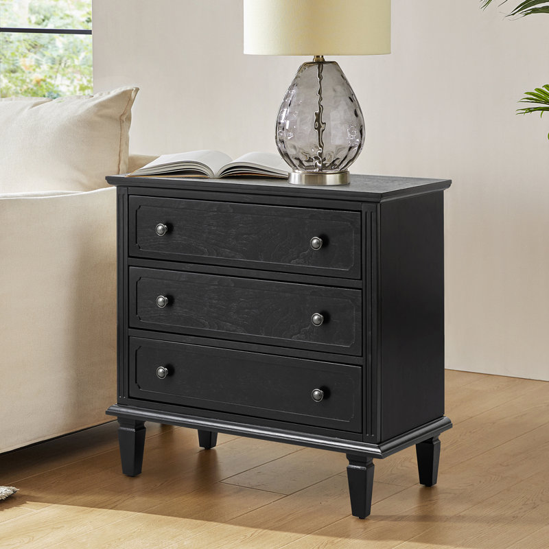 Amberlyn 28.3'' W Transitional 3-Drawer End Table with Built-In Outlet and Solid Wood Legs, Black
