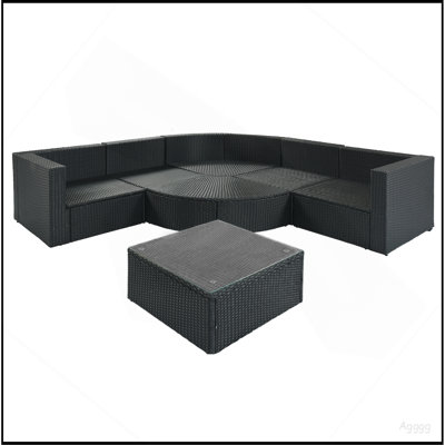Ensemble de canapé d'extérieur en osier 7 pièces GO, canapé en rotin, avec coussins rayés verts, canapé conversation, pour patio, jardin, terrasse, osier noir, coussin gris