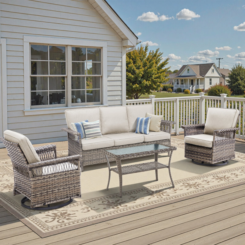 Ensembles de conversation pour patio en osier toutes saisons Anferney avec fauteuil coulissant et table basse, Beige, Gris