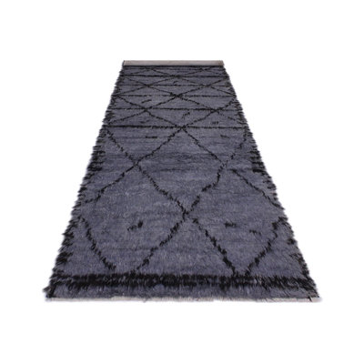 Tapis de couloir gris / noir en laine noué à la main à motif géométrique 2 pi 8 po x 10 pi 6 po Lovre