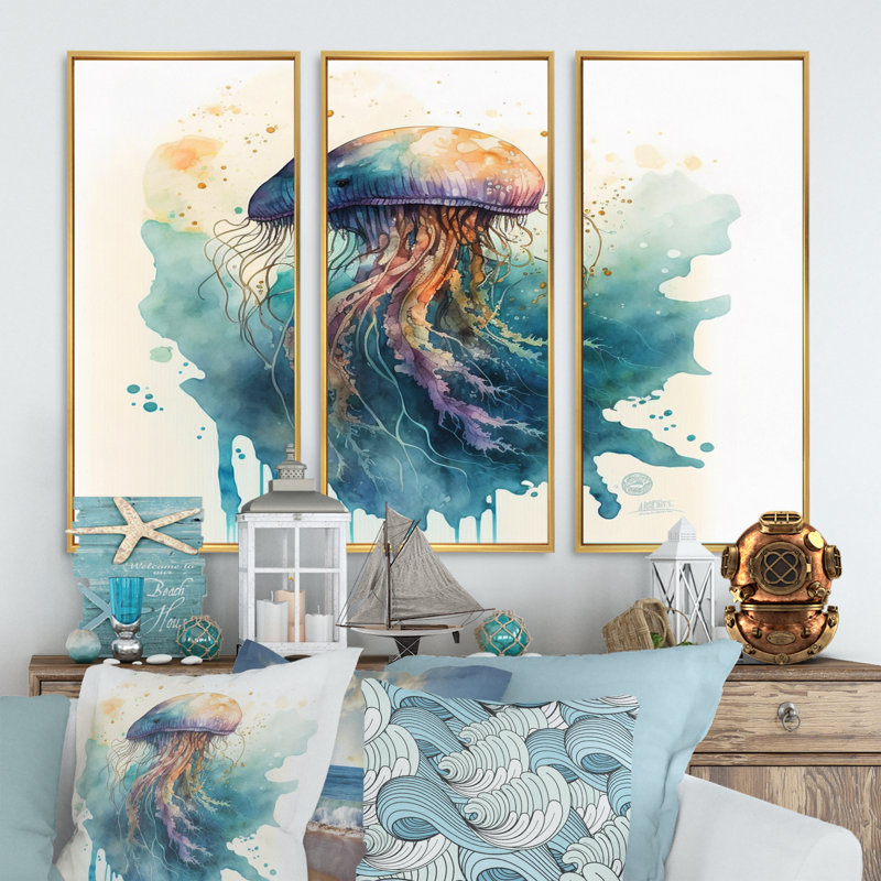 «Colorful Deepsea Jellyfish III», reproduction sur toile 3 pièces, H 28 po x l 36 po x P 1 po, Cadre flottant doré