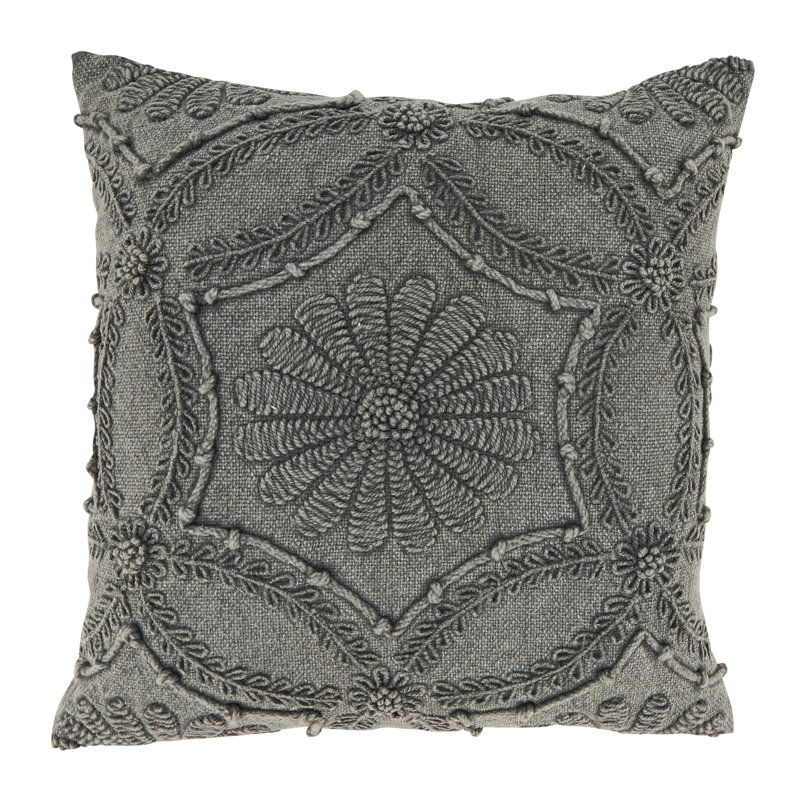 Gray Embroidered Cotton Euro Throw Pillow Cover, 18x18