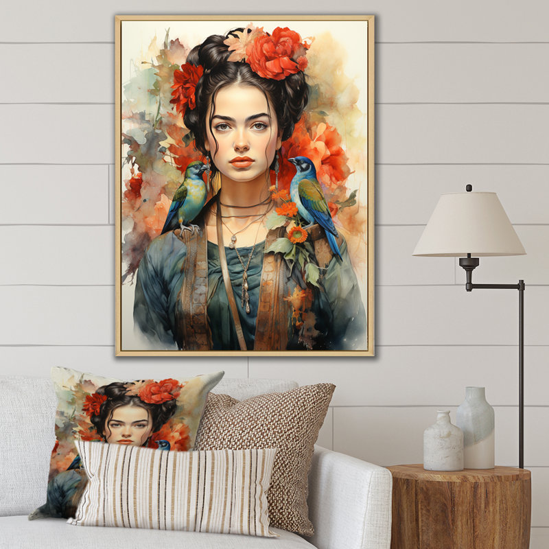 «Lynnete Coral Teal Mexico Art Selfportrait» avec - reproduction, H 32 po x l 16 po x P 1 po, Cadre naturel flottant