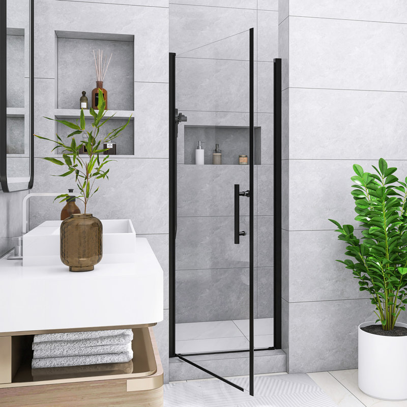 26 In. W X 68 In. H Reversible Pivot Semi-Frameless Shower Door In Matte Black Finish