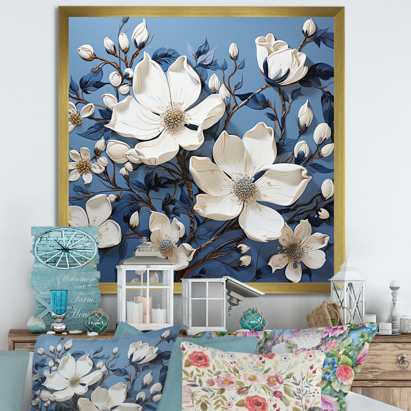 «Magnolia» en bleu et blanc sur fond élégant, Cadre doré simple, H 24 po x l 24 po x P 1 po