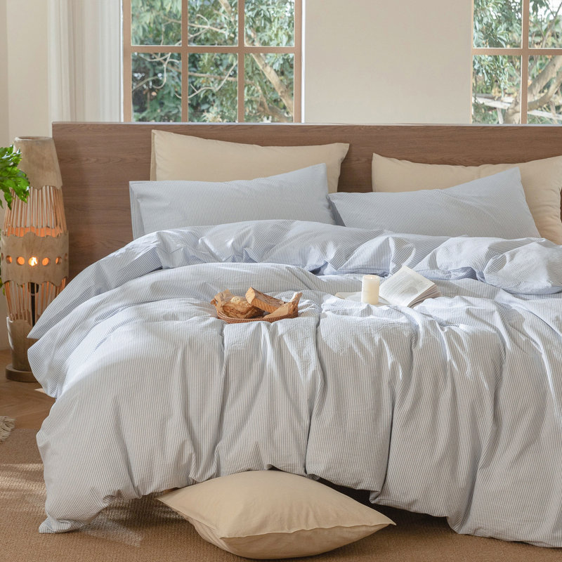MooMee Striped Duvet Cover Set 100% Washed Cotton Linen Like Textured, Queen Duvet Cover + 2 Standard Pillowcases