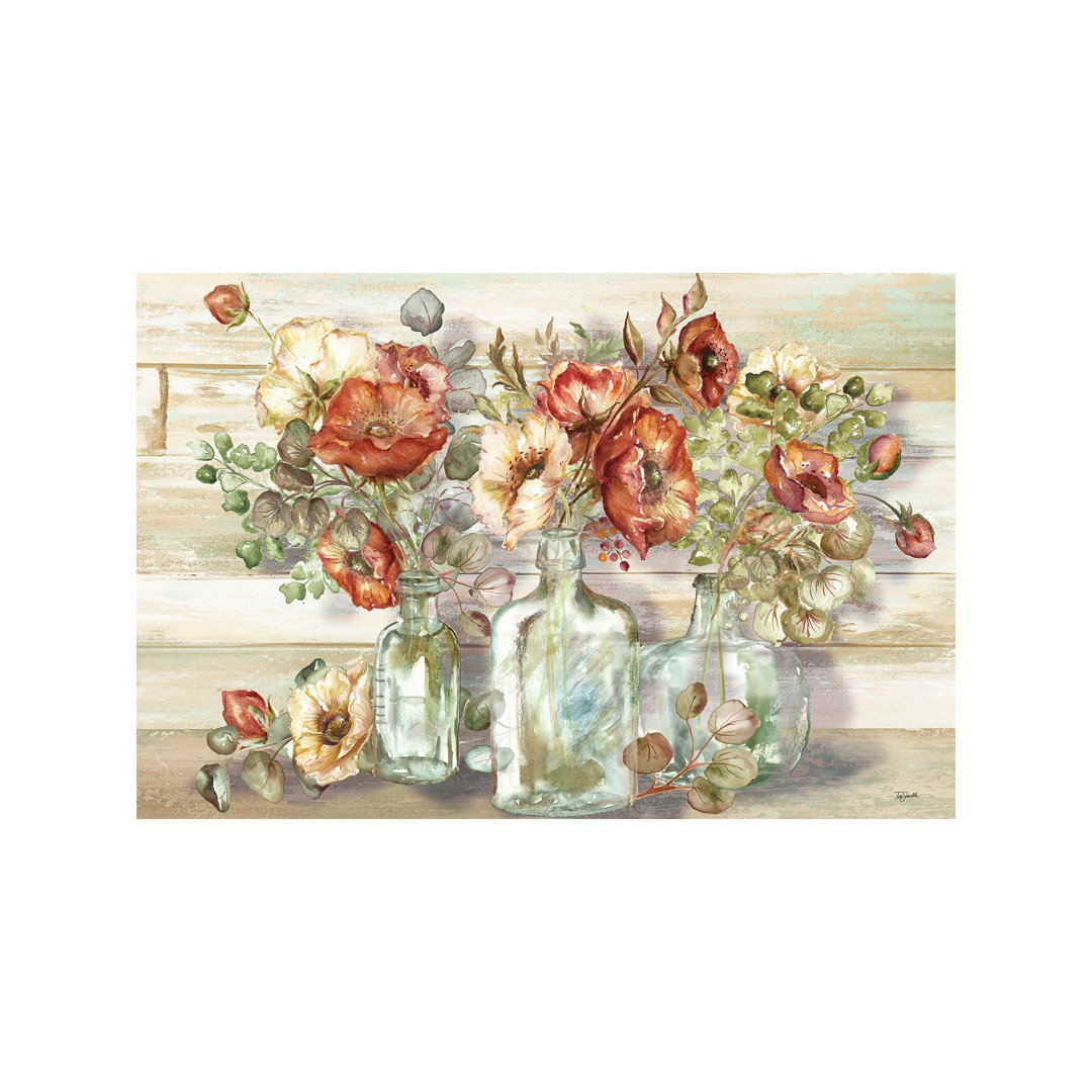 'Spice Poppies and Eucalyptus In Bottles Landscape' Art Print on Wrapped Canvas