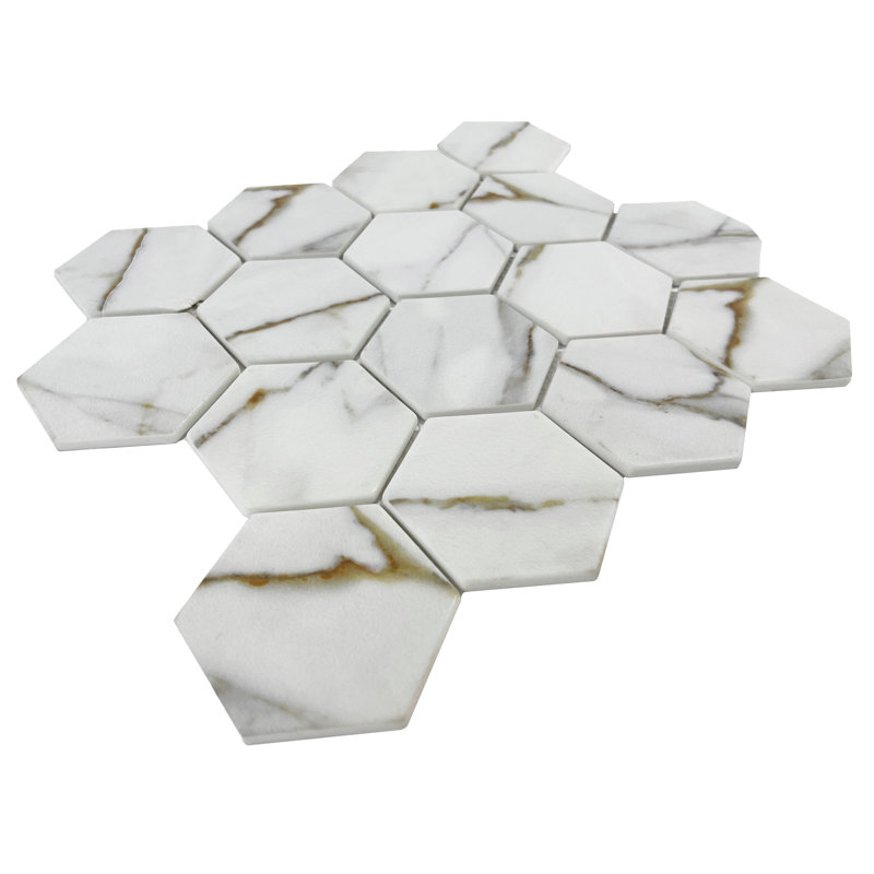 Vida Hex 12" x 11" Glass Mosaic Floor Use Tile, White Gold