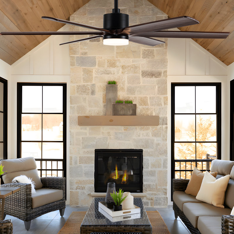 Ventilateur de plafond en bois massif avec lumière, 60 po de largeur, Bois moyen, Noir