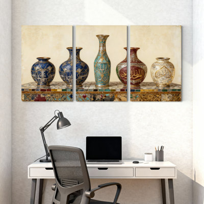 poterie de vases ornés de calligraphie et de motifs, ensemble de 3 impressions sur toile