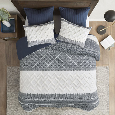 Ensemble d'édredon en coton 3 pièces avec capitonnage en chenille bleu marine double / grand