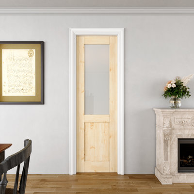 Interior Half‑Lite Pine Wood & Frosted Glass Door, Colonial Style Solid Pocket Door, SGCC Certified Tempered Glass, Strengthen Solid Frame & Hardware Kit, Sliding Bedroom Door, Unfinished & Paintable, for Pantry, Bedroom, Bathroom & Closet, 28"x 80"