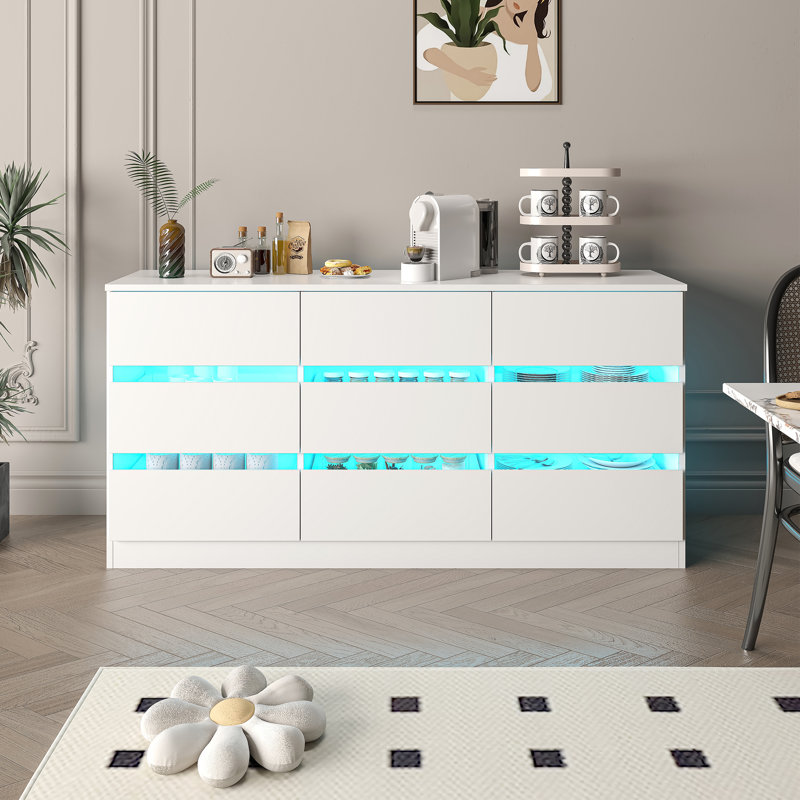 White Modern 9-Drawer Dresser with LED Lights