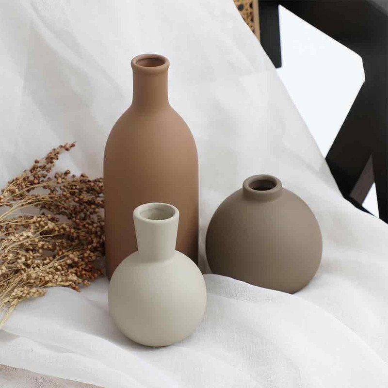 Set of 3 Brown and Beige Ceramic Vases